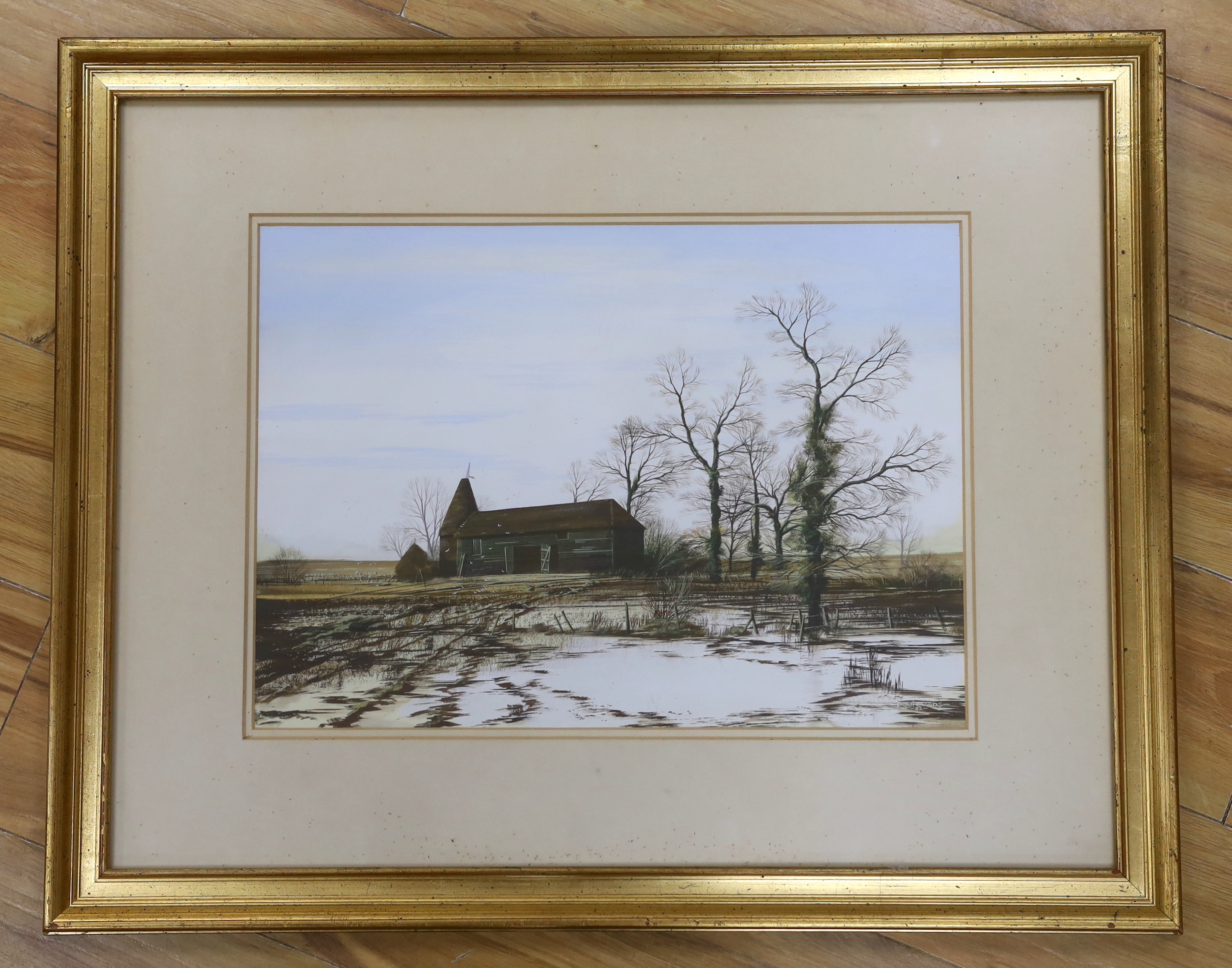 Paul Evans (b. 1950) gouache, Oast house in winter landscape, signed and dated 1982, 49cm x 35cm